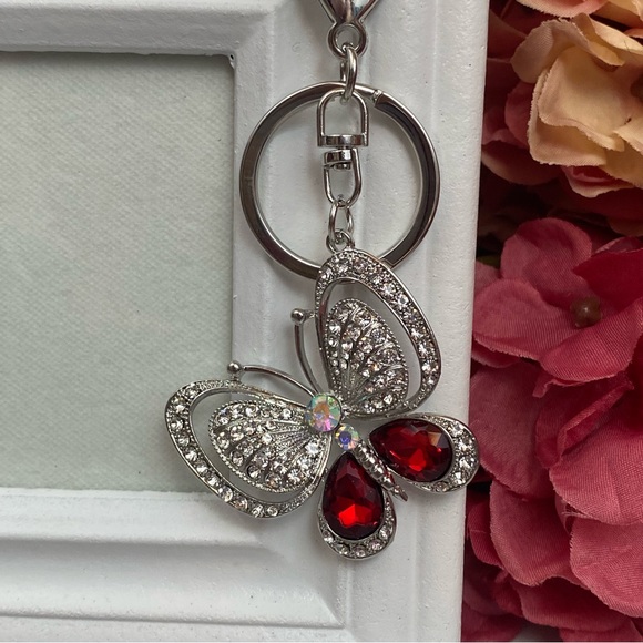 Silver and Ruby Red Crystal Butterfly Keychain Charm - Picture 4 of 16